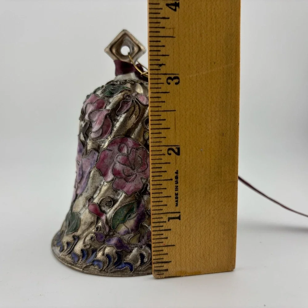 Cloisonne Floral Bell Silver Pink Excellent Rose Enamel Ornament